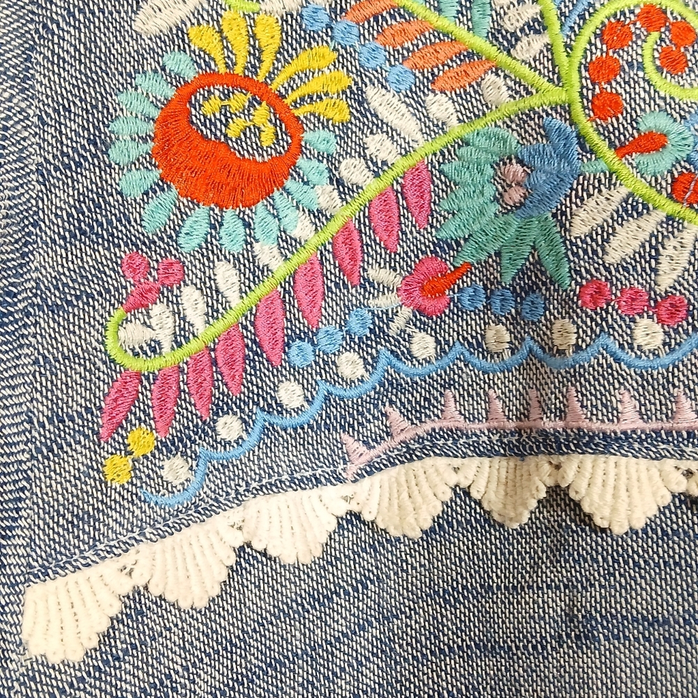 THML Blue Embroidered Boho Blouse Medium Linen Blend Lace Trim - Picture 7 of 9